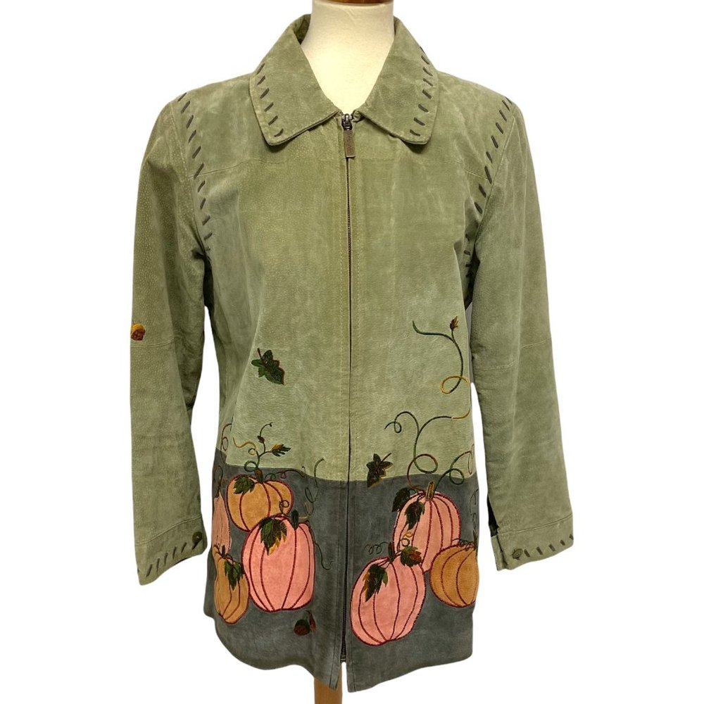 Quacker Factory Women's Long Sleeve Leather Zip Up Green Pumpkin Blazer Size M